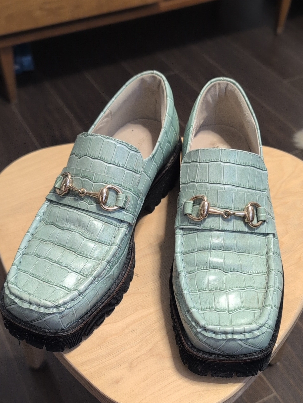 Intentionally Blank - Mint Green Croc-Embossed Leather Lug Loafers